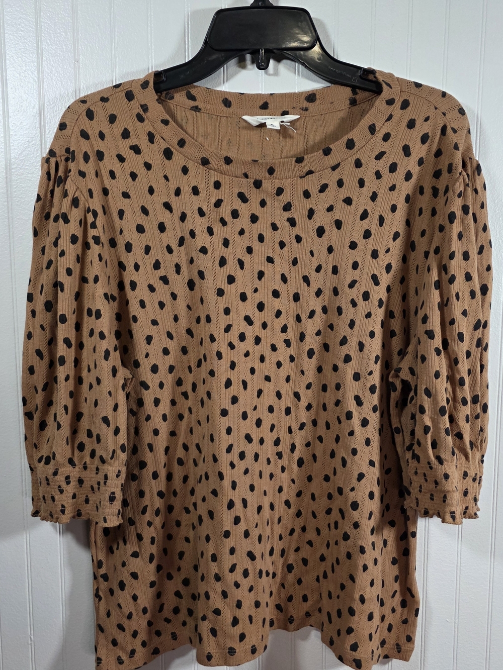 Lucky Brand Womens XL Brown Black Spotted 3/4 Sleeve Knit Top Cotton Blend